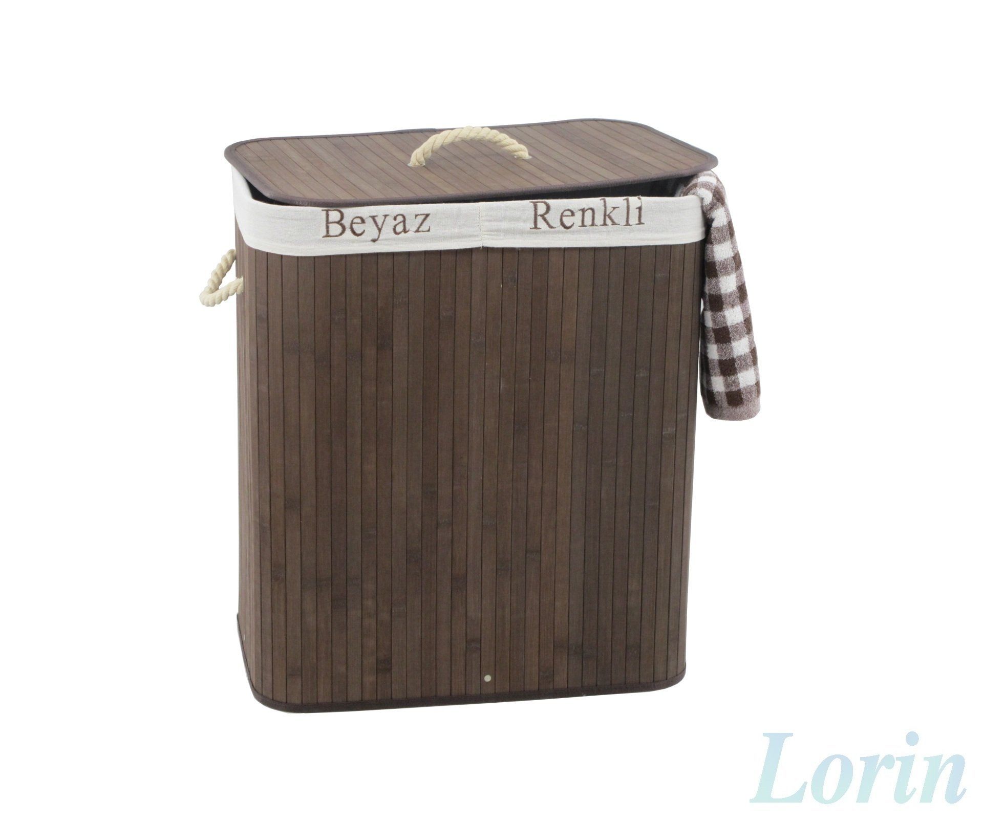Lorin Çift Bölmeli Koyu Kahve Ceviz Bambu Katlanır Çamaşır  Sepeti CHK519C