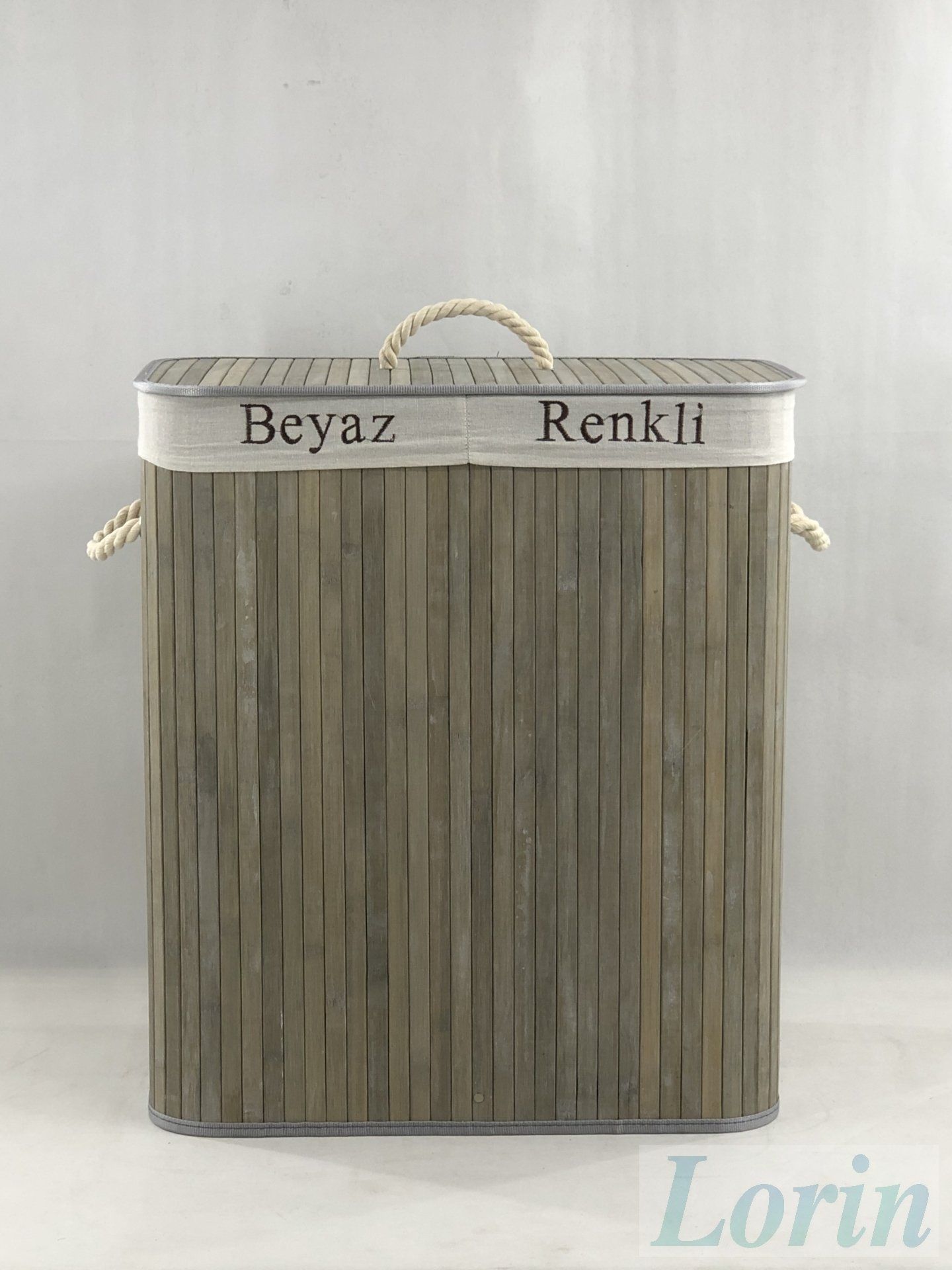 Bambu Efektli Gri Renk Çift Hazneli Katlanabilir  Kirli Çamaşır Sepeti 100 Lt
